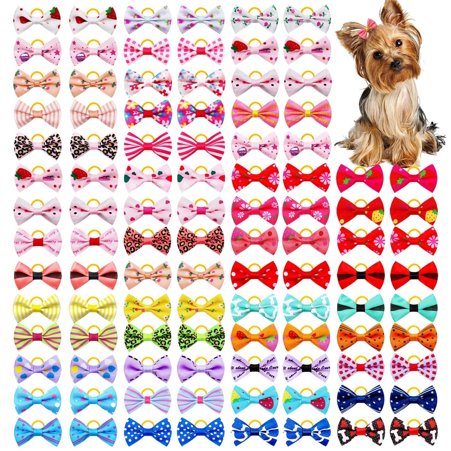 100Pcs/50Pairs Bulk Dog Bows, Cute Small Dog Hair Bows with Rubber Bands