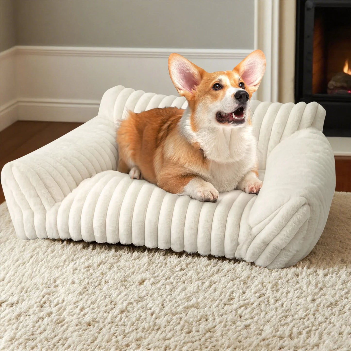 Cute Cat Bed for Indoor Cats, Couch Bed with Removable Washable,Premium Soft Corduroy Fleece Pet Bed for Small Dog & Cat,Milk White