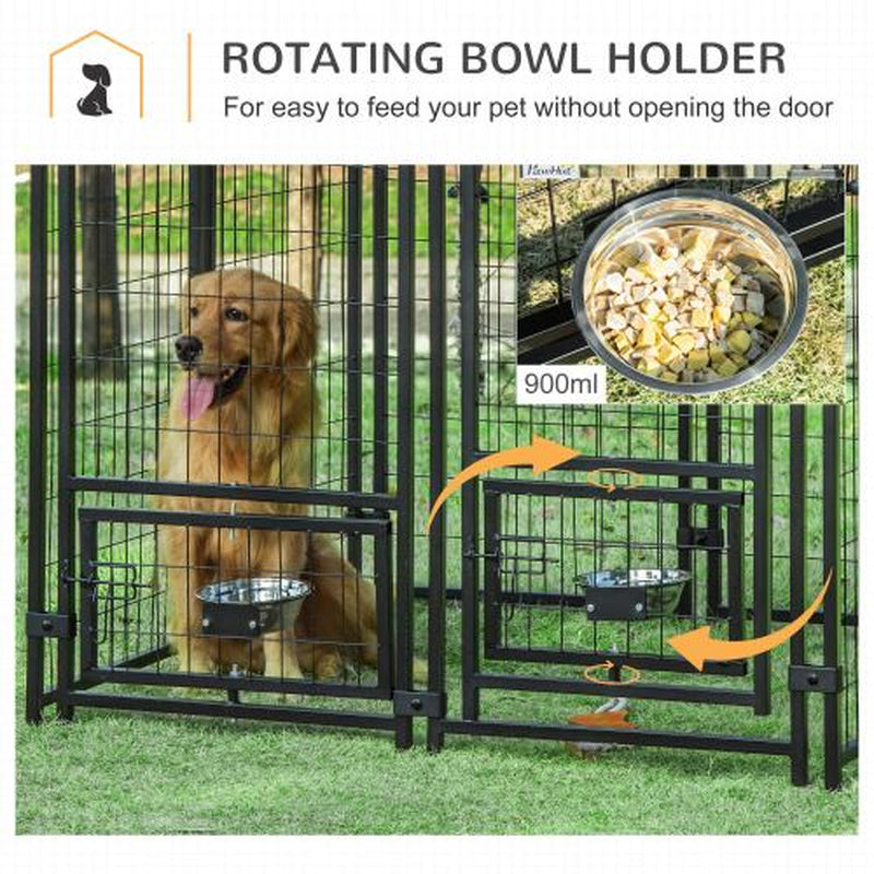 Outdoor Kennel with Rotating Bowl Rack, Walk-In Pet Playpen, Welded Wire Steel Dog Pen, with Waterproof and UV Resistant Awning