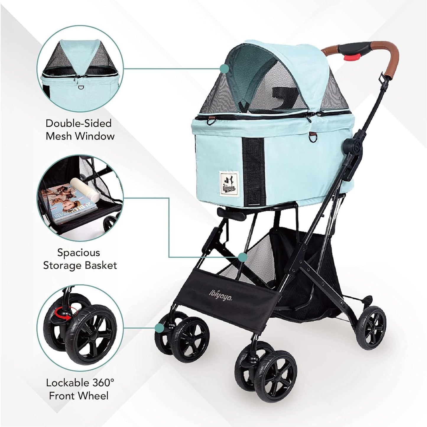 - Travois Dog Stroller for Small Dogs and Cats - 3-In-1 Pet Stroller, Pet Carrier, and Carseat - Includes Storage Compartement and Basket, Brakes, and Double Sided Mesh Window - Light Green