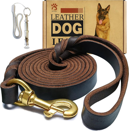 6Ft Brown Leather Dog Leash, 3/4" Braided Heavy Duty, Strong for All Dog Sizes