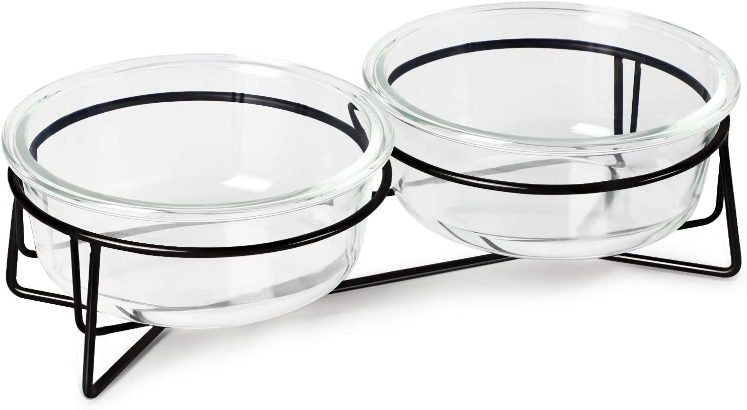 Double Glass Raised Cat or Small Dog Bowls with Metal Stand for Pet Food and Wat