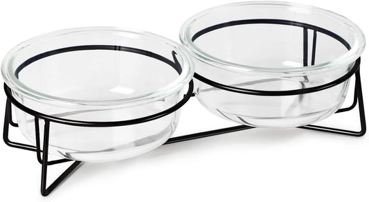 Double Glass Raised Cat or Small Dog Bowls with Metal Stand for Pet Food and Wat