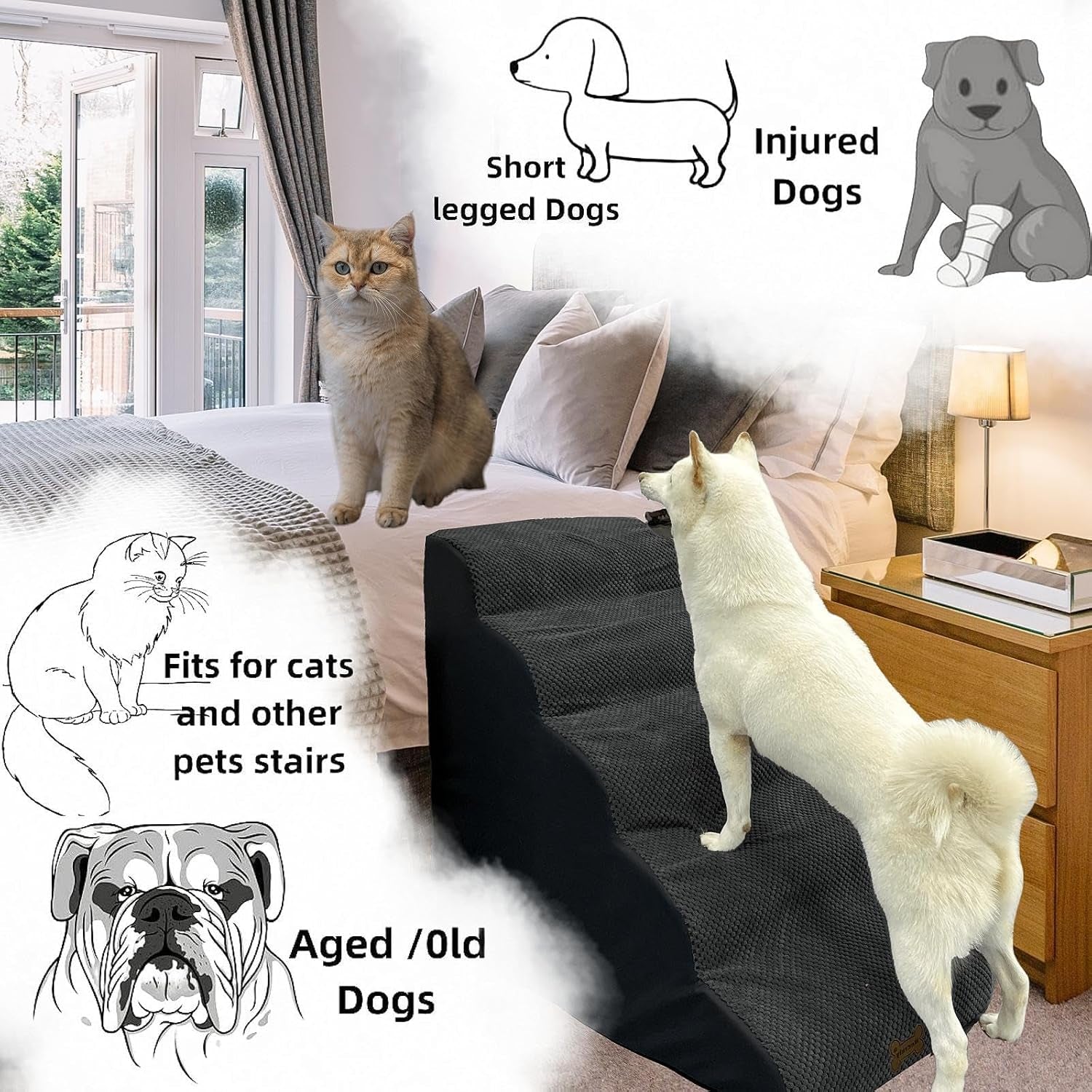 Pet Stairs & Ramp for Dogs/Cats - 5 Steps, Non-Slip, 2 Washable Covers