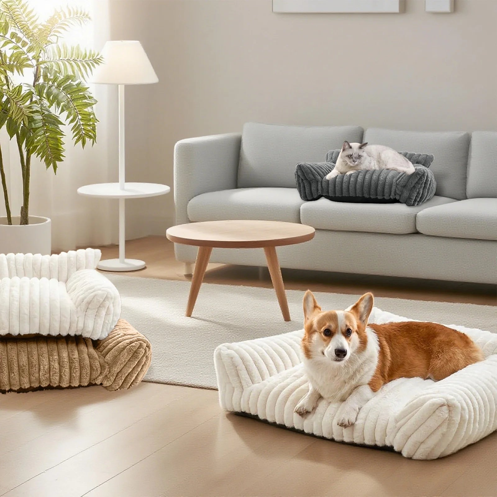 Cute Cat Bed for Indoor Cats, Couch Bed with Removable Washable,Premium Soft Corduroy Fleece Pet Bed for Small Dog & Cat,Milk White
