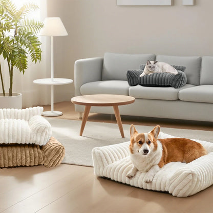 Cute Cat Bed for Indoor Cats, Couch Bed with Removable Washable,Premium Soft Corduroy Fleece Pet Bed for Small Dog & Cat,Milk White
