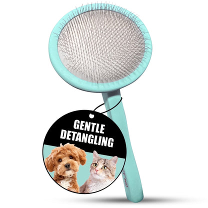 Wooden Slicker Brush for Dogs & Cats, Deshedding & Detangling Tool for Medium to Long Coats, round Flexible Cushion, Medium (M), Mint