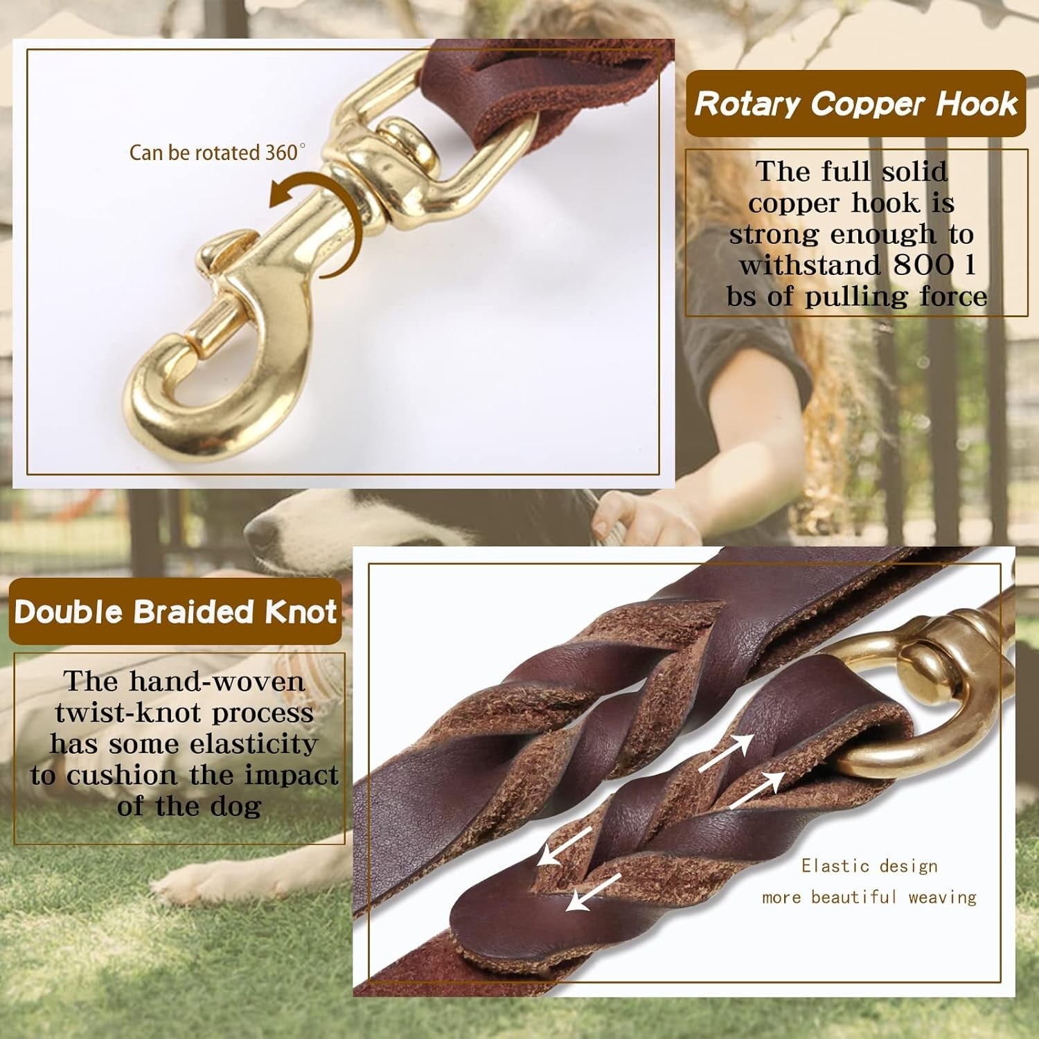 6Ft Brown Leather Dog Leash, 3/4" Braided Heavy Duty, Strong for All Dog Sizes
