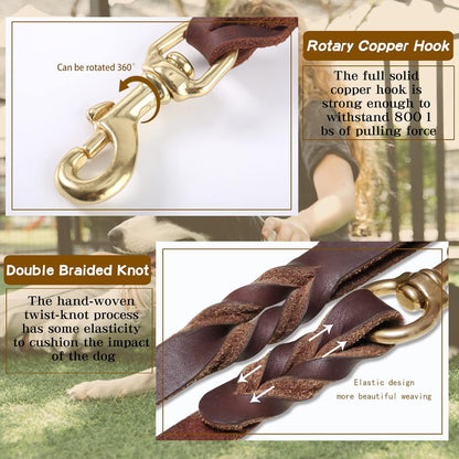 6Ft Brown Leather Dog Leash, 3/4" Braided Heavy Duty, Strong for All Dog Sizes