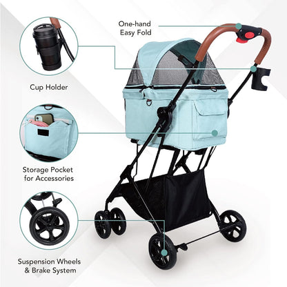 - Travois Dog Stroller for Small Dogs and Cats - 3-In-1 Pet Stroller, Pet Carrier, and Carseat - Includes Storage Compartement and Basket, Brakes, and Double Sided Mesh Window - Light Green