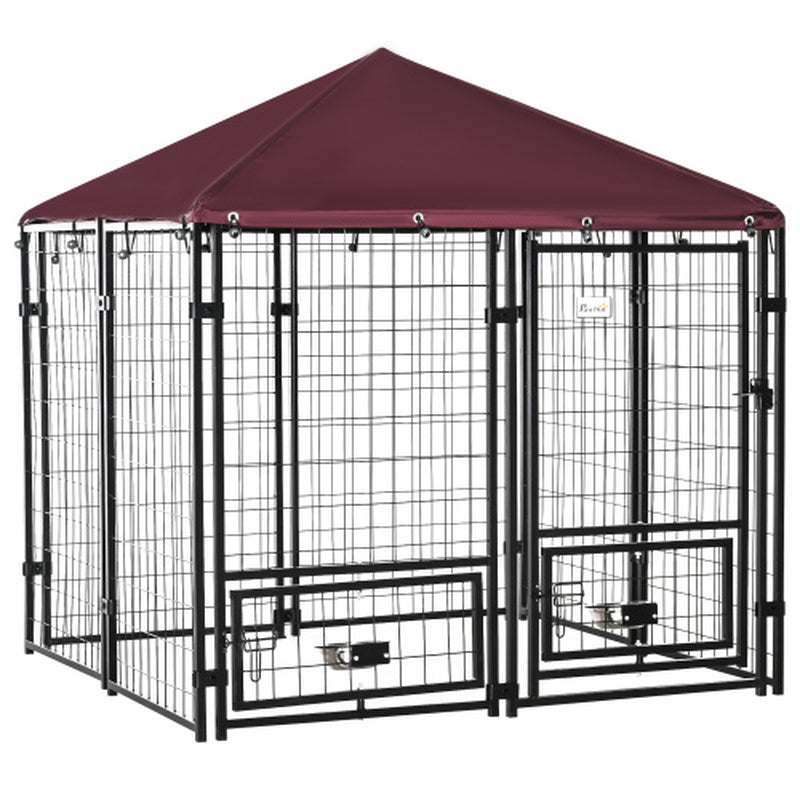 Outdoor Kennel with Rotating Bowl Rack, Walk-In Pet Playpen, Welded Wire Steel Dog Pen, with Waterproof and UV Resistant Awning