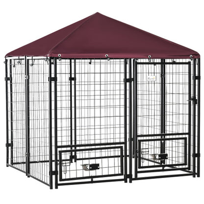 Outdoor Kennel with Rotating Bowl Rack, Walk-In Pet Playpen, Welded Wire Steel Dog Pen, with Waterproof and UV Resistant Awning
