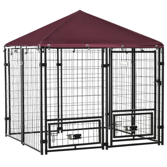 Outdoor Kennel with Rotating Bowl Rack, Walk-In Pet Playpen, Welded Wire Steel Dog Pen, with Waterproof and UV Resistant Awning
