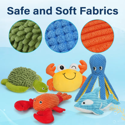 Dog Toys, 5Pc Plush Ocean Animal Dog Squeaky Toy, Crinkle Pet Toy, Stuffed Puppy Chew Toys