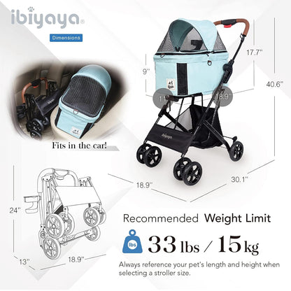 - Travois Dog Stroller for Small Dogs and Cats - 3-In-1 Pet Stroller, Pet Carrier, and Carseat - Includes Storage Compartement and Basket, Brakes, and Double Sided Mesh Window - Light Green