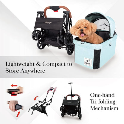 - Travois Dog Stroller for Small Dogs and Cats - 3-In-1 Pet Stroller, Pet Carrier, and Carseat - Includes Storage Compartement and Basket, Brakes, and Double Sided Mesh Window - Light Green