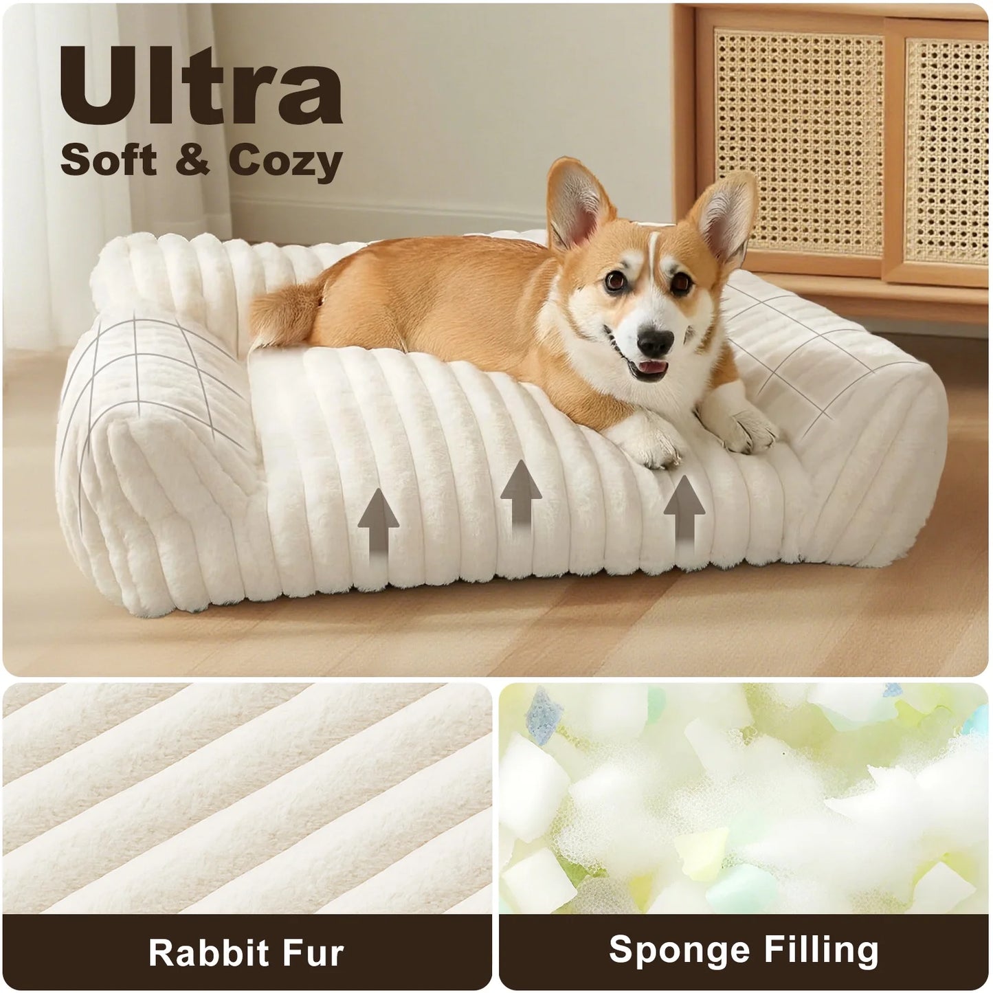 Cute Cat Bed for Indoor Cats, Couch Bed with Removable Washable,Premium Soft Corduroy Fleece Pet Bed for Small Dog & Cat,Milk White