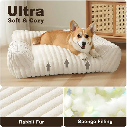 Cute Cat Bed for Indoor Cats, Couch Bed with Removable Washable,Premium Soft Corduroy Fleece Pet Bed for Small Dog & Cat,Milk White