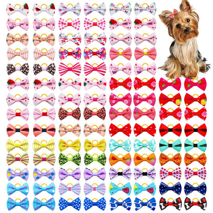 100Pcs/50Pairs Bulk Dog Bows, Cute Small Dog Hair Bows with Rubber Bands
