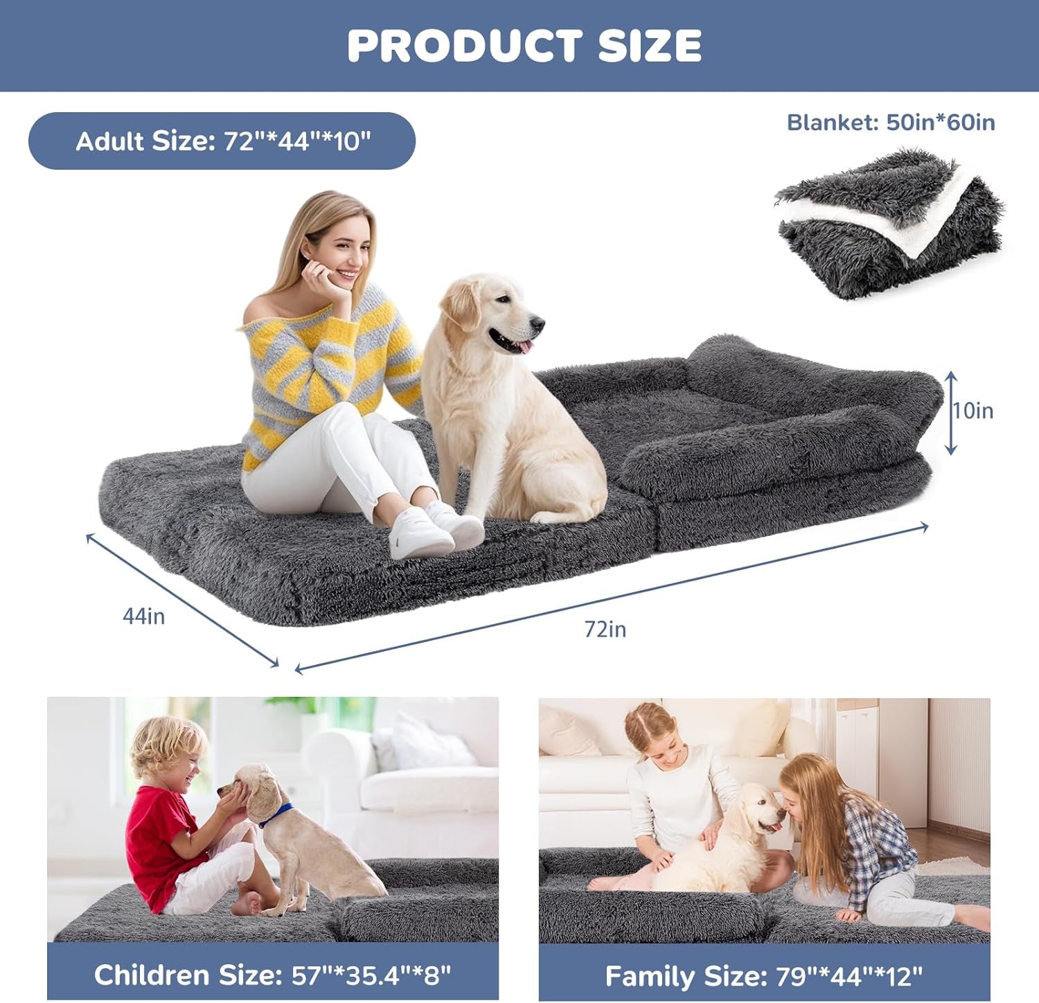 Extra Large 72" Foldable Orthopedic Dog Bed with Faux Fur & Memory Foam