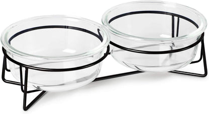 Double Glass Raised Cat or Small Dog Bowls with Metal Stand for Pet Food and Wat