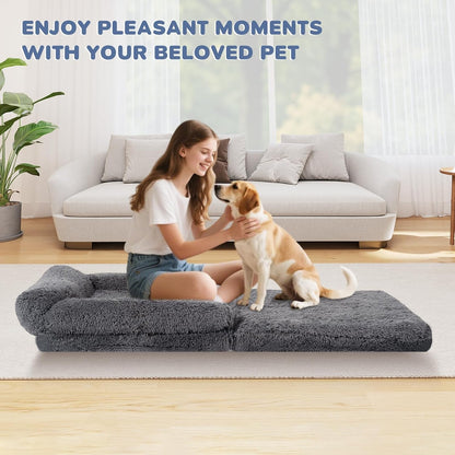 Extra Large 72" Foldable Orthopedic Dog Bed with Faux Fur & Memory Foam
