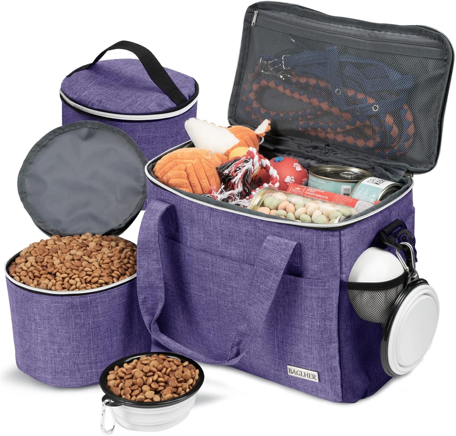 Dog Travel Bag Backpack Pet Supplies Backpack 5-Piece Set with Shoulder Strap 2 Lined Pet Food Containers 4 Foldable Feeding Bowls Essential Kit for Pet Travel