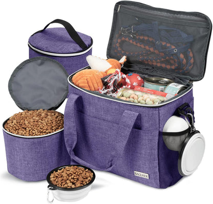 Dog Travel Bag Backpack Pet Supplies Backpack 5-Piece Set with Shoulder Strap 2 Lined Pet Food Containers 4 Foldable Feeding Bowls Essential Kit for Pet Travel