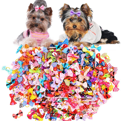 100Pcs/50Pairs Bulk Dog Bows, Cute Small Dog Hair Bows with Rubber Bands