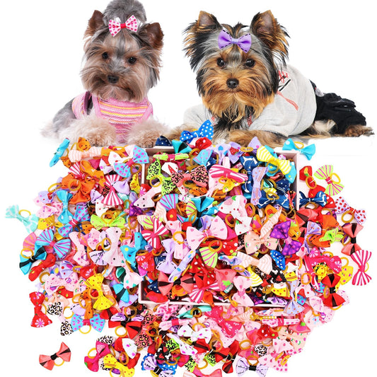 100Pcs/50Pairs Bulk Dog Bows, Cute Small Dog Hair Bows with Rubber Bands