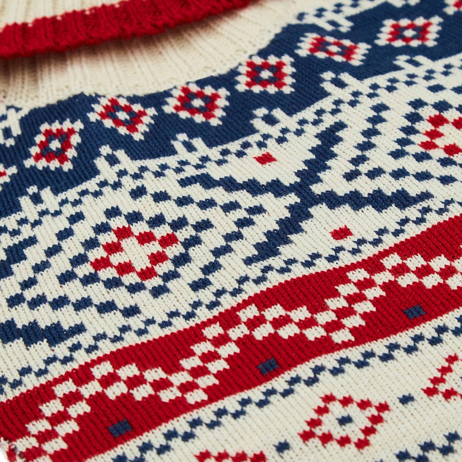 Holiday Christmas Chic Turtleneck Fair Isle Fall Winter Pullover Dog Sweater in Creamy White, Back Length 16", Warm Clothes for Large Dogs