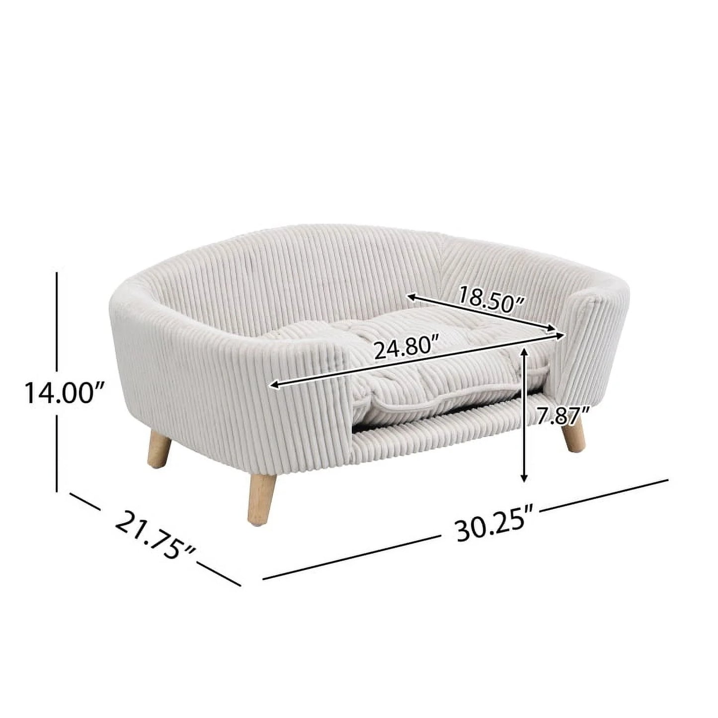 Elevated Dog Bed Frame for Small Dog, Corduroy Pet Couch Bed with Rubber Wood Legs and Supportive Foam, Gray, Easy Assembly