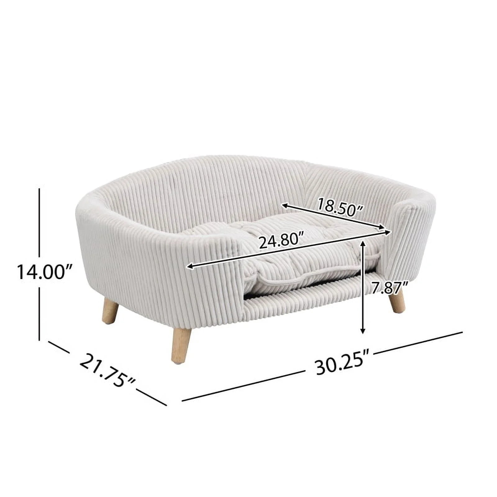 Elevated Dog Bed Frame for Small Dog, Corduroy Pet Couch Bed with Rubber Wood Legs and Supportive Foam, Gray, Easy Assembly