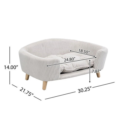 Elevated Dog Bed Frame for Small Dog, Corduroy Pet Couch Bed with Rubber Wood Legs and Supportive Foam, Gray, Easy Assembly