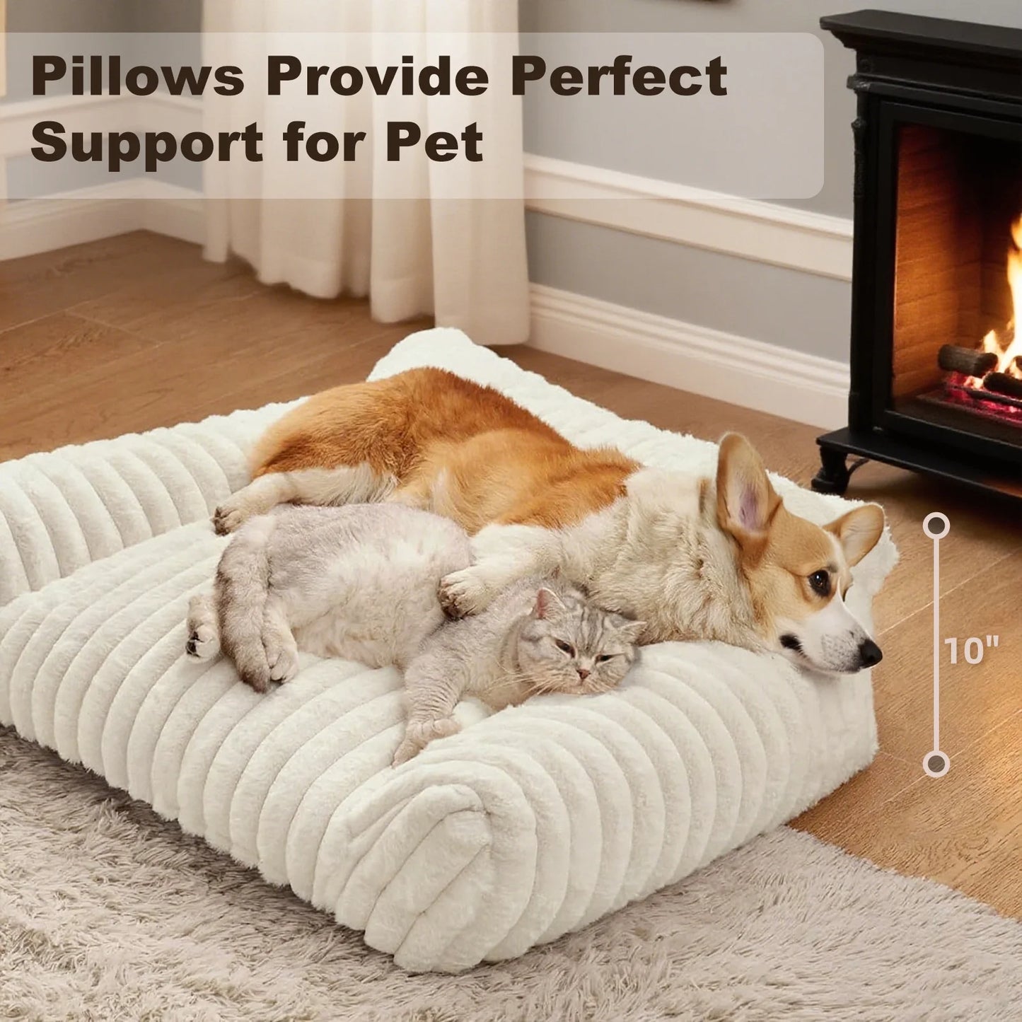 Cute Cat Bed for Indoor Cats, Couch Bed with Removable Washable,Premium Soft Corduroy Fleece Pet Bed for Small Dog & Cat,Milk White