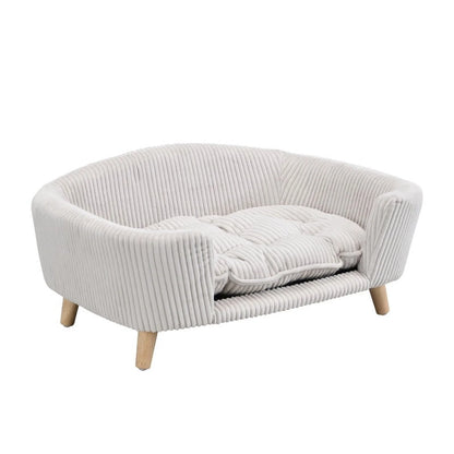 Elevated Dog Bed Frame for Small Dog, Corduroy Pet Couch Bed with Rubber Wood Legs and Supportive Foam, Gray, Easy Assembly