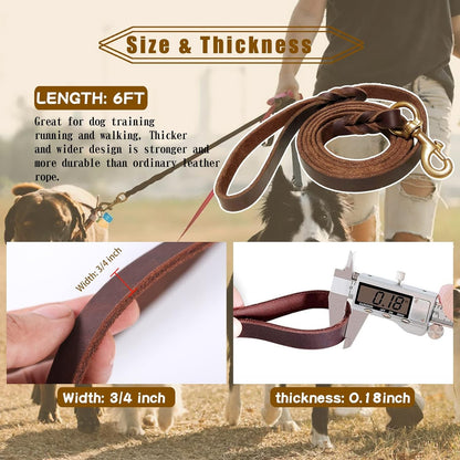 6Ft Brown Leather Dog Leash, 3/4" Braided Heavy Duty, Strong for All Dog Sizes