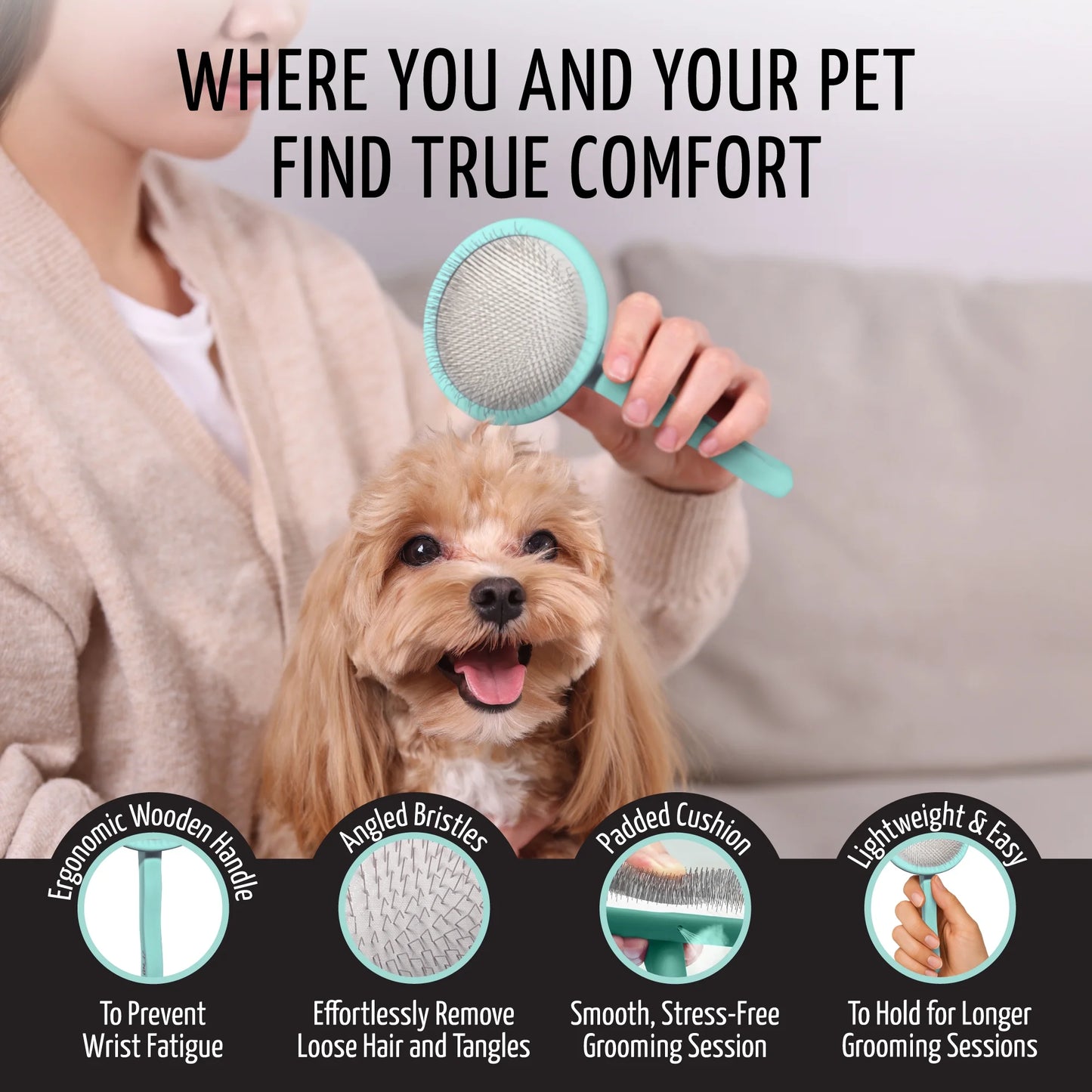 Wooden Slicker Brush for Dogs & Cats, Deshedding & Detangling Tool for Medium to Long Coats, round Flexible Cushion, Medium (M), Mint