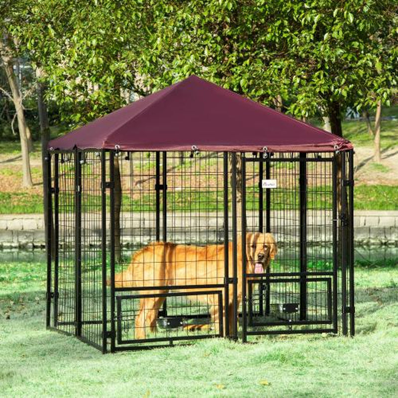 Outdoor Kennel with Rotating Bowl Rack, Walk-In Pet Playpen, Welded Wire Steel Dog Pen, with Waterproof and UV Resistant Awning