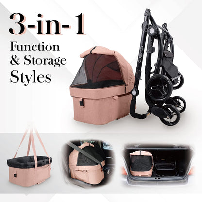New Cleo 3-In-1 Travel System - Pet Stroller, Carrier, Bag for Small Dogs, Medium Dogs, Cats - Lightweight, 44 Lbs - Coral Pink