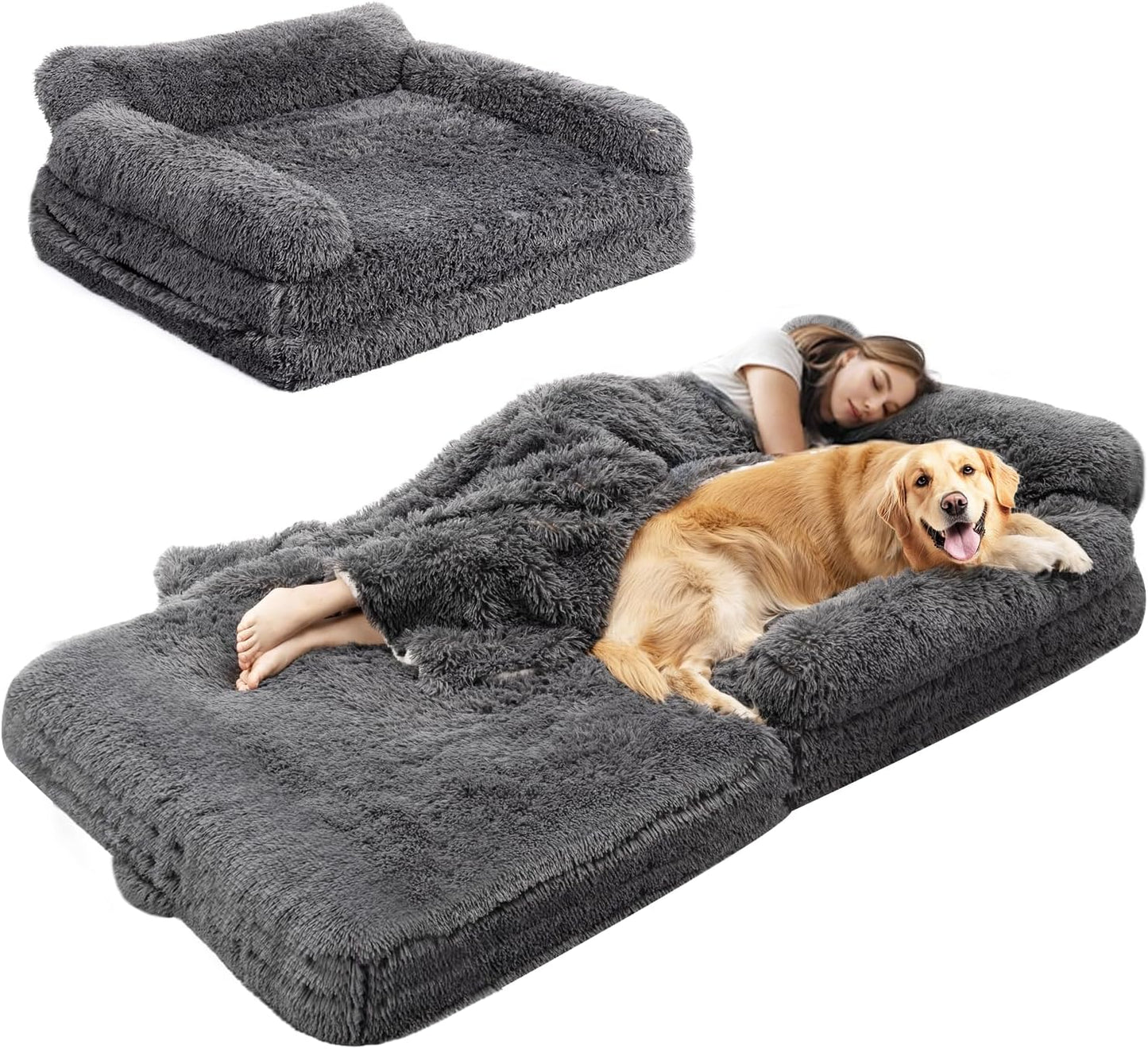 Extra Large 72" Foldable Orthopedic Dog Bed with Faux Fur & Memory Foam