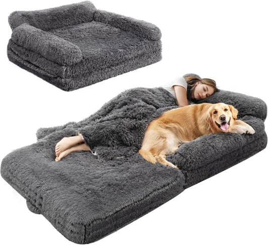 Extra Large 72" Foldable Orthopedic Dog Bed with Faux Fur & Memory Foam
