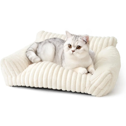 Cute Cat Bed for Indoor Cats, Couch Bed with Removable Washable,Premium Soft Corduroy Fleece Pet Bed for Small Dog & Cat,Milk White