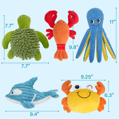 Dog Toys, 5Pc Plush Ocean Animal Dog Squeaky Toy, Crinkle Pet Toy, Stuffed Puppy Chew Toys