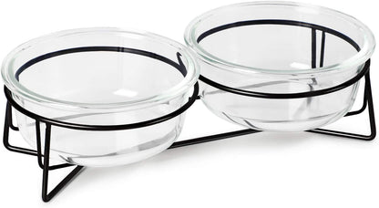 Double Glass Raised Cat or Small Dog Bowls with Metal Stand for Pet Food and Wat
