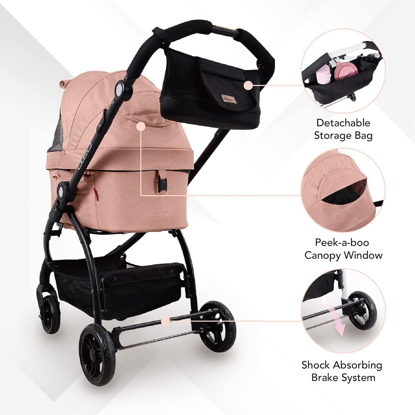 New Cleo 3-In-1 Travel System - Pet Stroller, Carrier, Bag for Small Dogs, Medium Dogs, Cats - Lightweight, 44 Lbs - Coral Pink