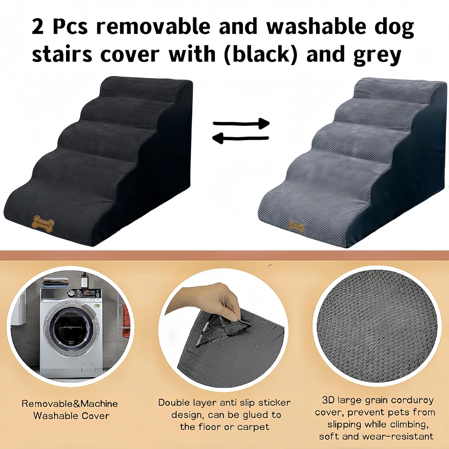 Pet Stairs & Ramp for Dogs/Cats - 5 Steps, Non-Slip, 2 Washable Covers