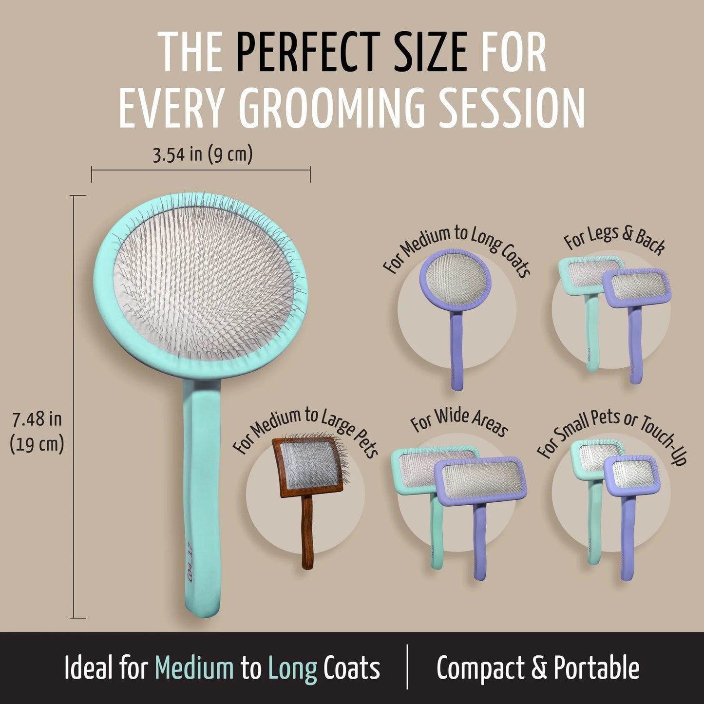 Wooden Slicker Brush for Dogs & Cats, Deshedding & Detangling Tool for Medium to Long Coats, round Flexible Cushion, Medium (M), Mint