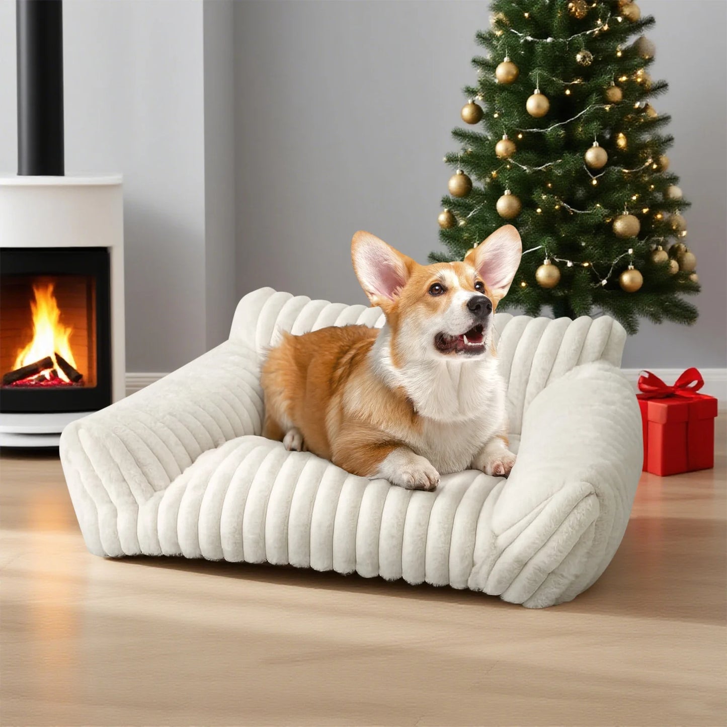 Cute Cat Bed for Indoor Cats, Couch Bed with Removable Washable,Premium Soft Corduroy Fleece Pet Bed for Small Dog & Cat,Milk White