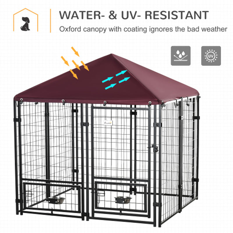 Outdoor Kennel with Rotating Bowl Rack, Walk-In Pet Playpen, Welded Wire Steel Dog Pen, with Waterproof and UV Resistant Awning
